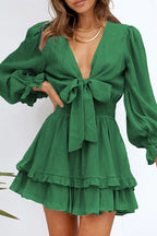 Tie Front Puff Sleeve Smocked Waist Tiered Ruffle Mini Set