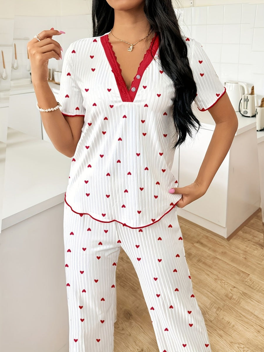 Heart-print V-neck Short-sleeved Trousers Loungewear Set