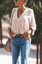 V Neck Roll Up Long Sleeves Blouse Shirt