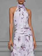 Halter Printed Temperament Waist Parties Maxi Dresses