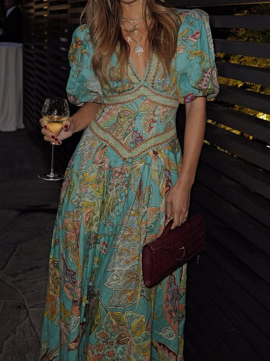 Printed Balloon Sleeve V-neck Temperament Waist Maxi Dresses