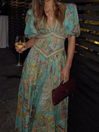 Printed Balloon Sleeve V-neck Temperament Waist Maxi Dresses