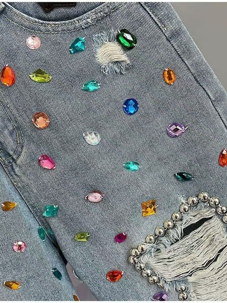 Rhinestone Frayed Denim Shorts