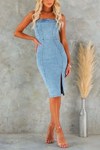 Strapless Waisted Slit Knee Length Bodycon Denim Dress