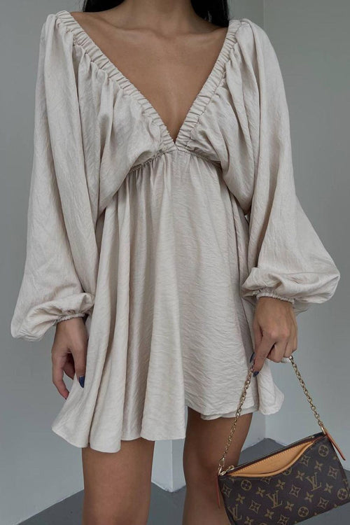 Crinkle Texture Deep V-Neck Puff Sleeve Babydoll Mini Dress