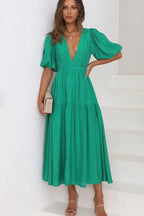 Deep V-Neck Smocked Waist Puff Sleeve Tiered Midi Dress