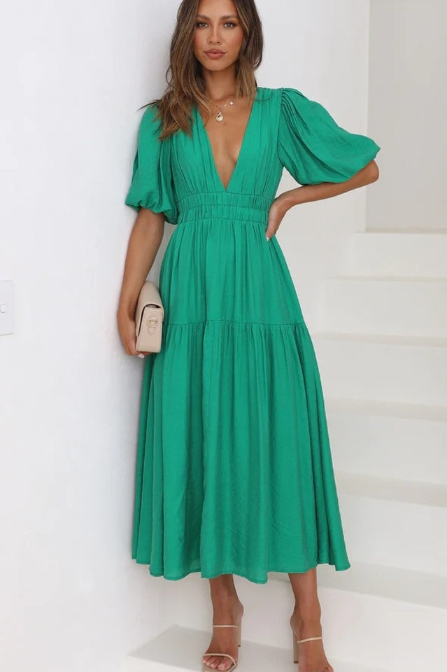Deep V-Neck Smocked Waist Puff Sleeve Tiered Midi Dress