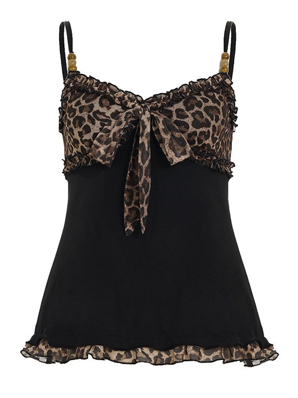 Black Leopard Print Color-blocked Mesh A-line Camisole