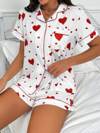 Heart-print Cardigan With Collar And Button-down Short Sleeves And Shorts, Two-piece Loungewear Set