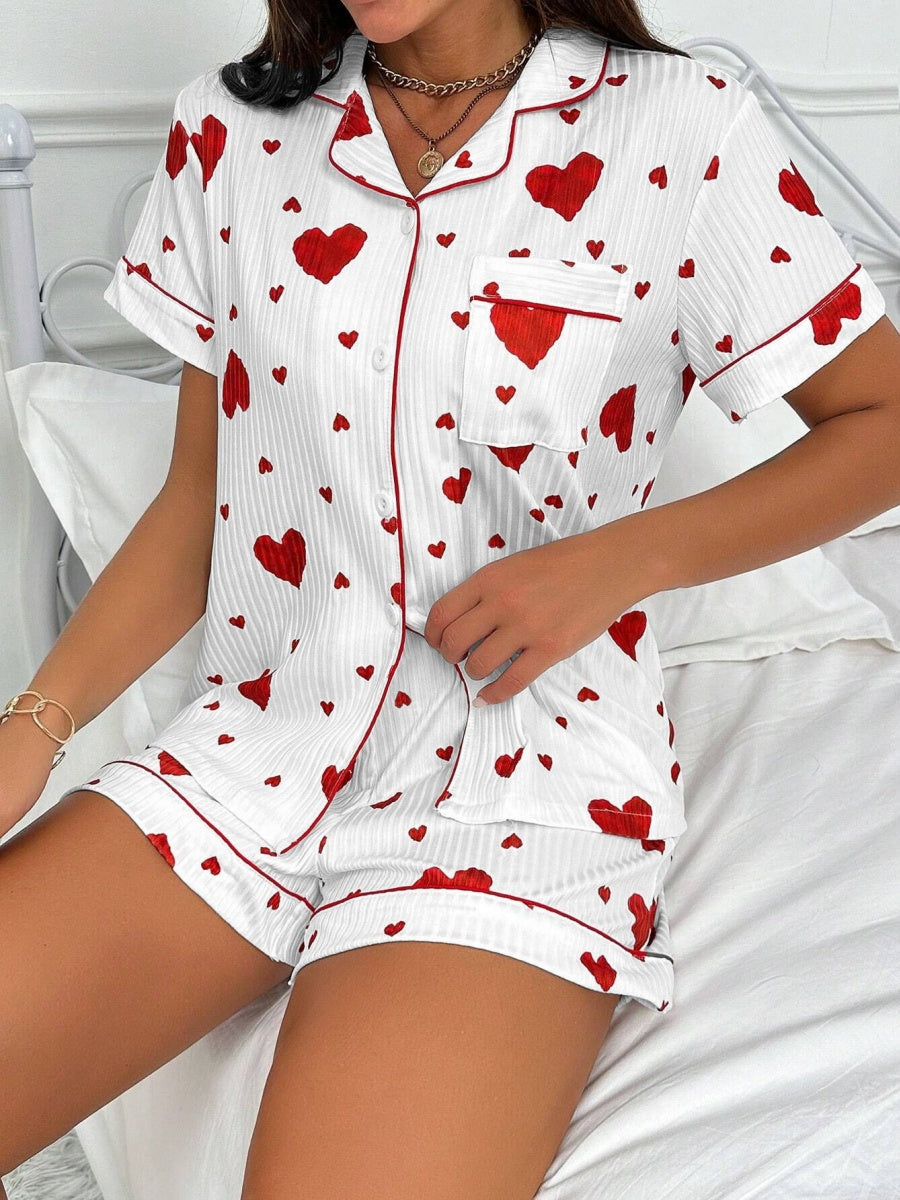Heart-print Cardigan With Collar And Button-down Short Sleeves And Shorts, Two-piece Loungewear Set