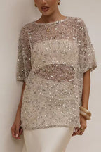 Crewneck Half Sleeves Crochet Hollow Out Sequin Top
