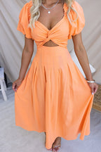 Twist Front Puff Sleeves Cut Out Pocketed Maxi Dress