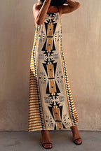 Stripes Splice Backless Ethnic Printed Maxi Cami Dress
