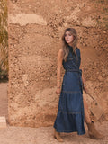 Lace Up Denim Buttons Temperament Maxi Dresses