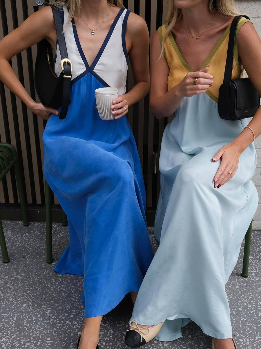 V-neck Sleeveless Color-blocked Maxi Dress