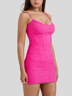 Mesh Camisoles Stacked Collar Lace Trim Hip-hugging Mini&Short Dresses