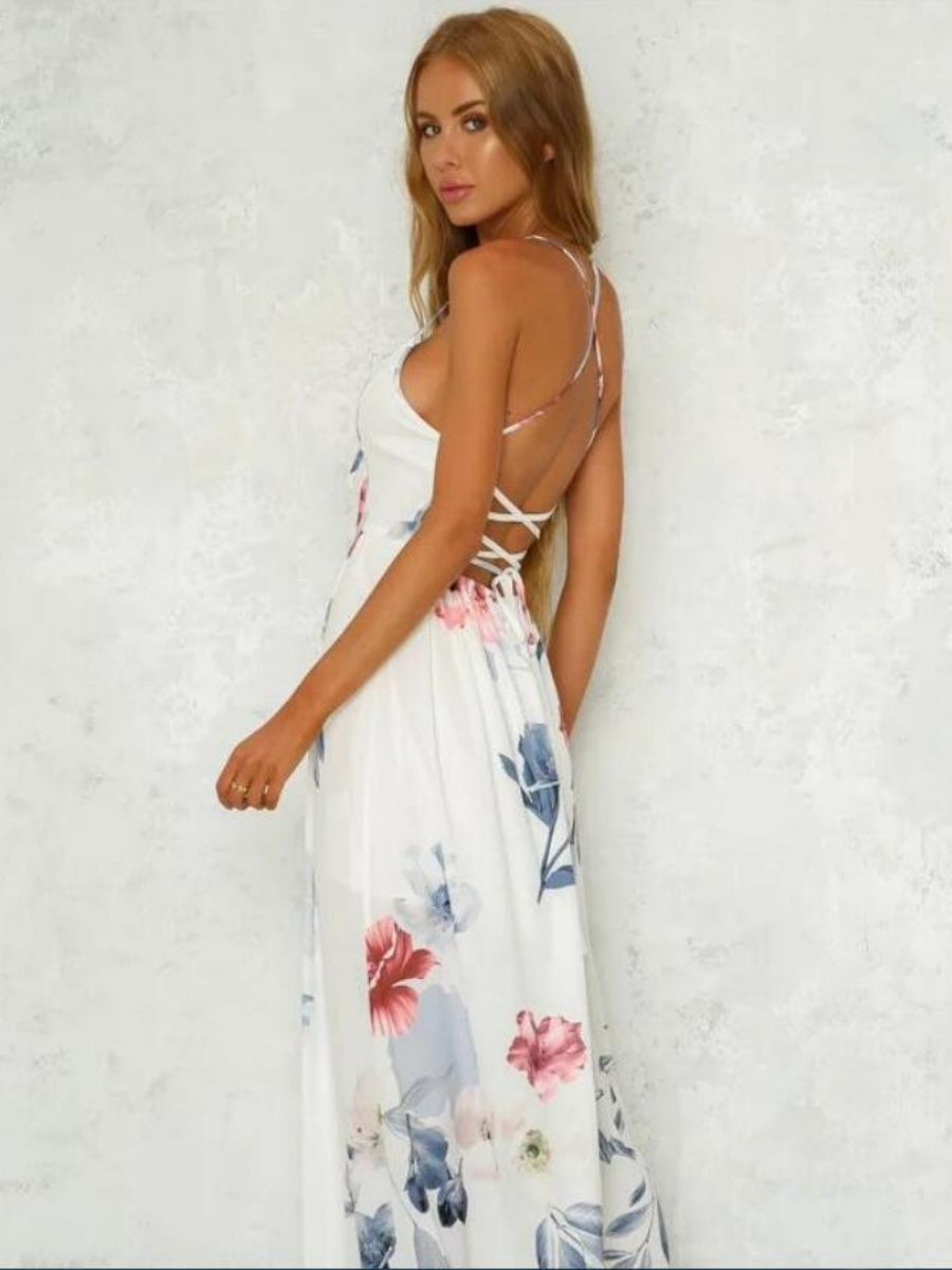 High-slit V-neck Floral Print Suspender Maxi Dress
