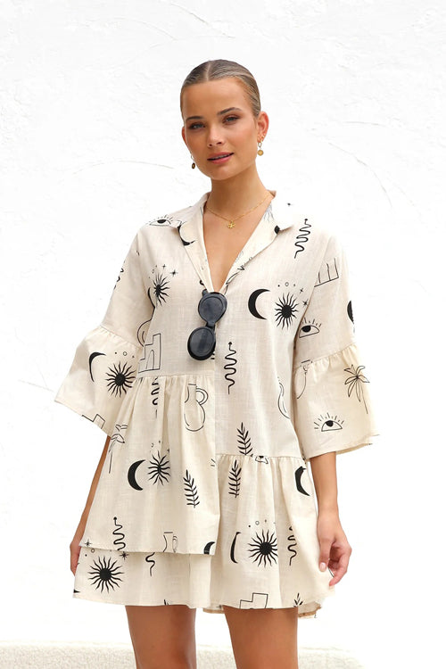 Novelty Sketch Print Collar V-Neck Button Front Tiered Smock Mini Dress