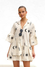 Novelty Sketch Print Collar V-Neck Button Front Tiered Smock Mini Dress
