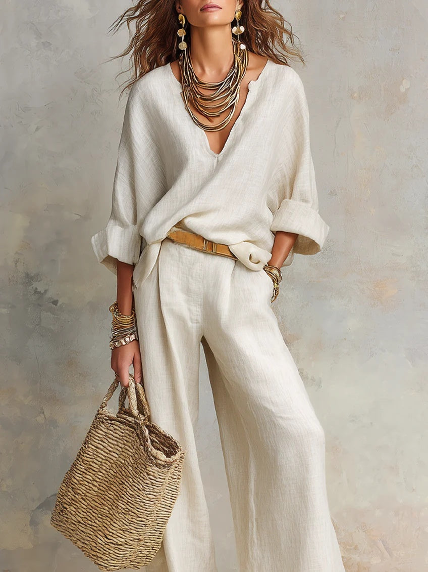Casual Natural Linen Loose V-neck Vacation Two-piece Set