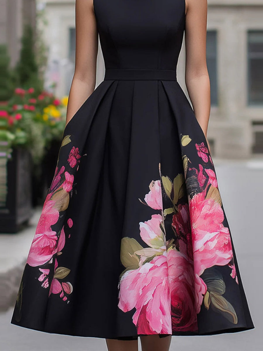 Printed Sleeveless Atmosphere Grace Black Midi Dresses