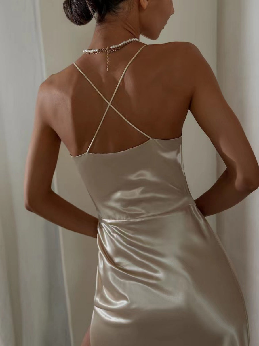 Sexy Backless Slit Halter Midi Dress