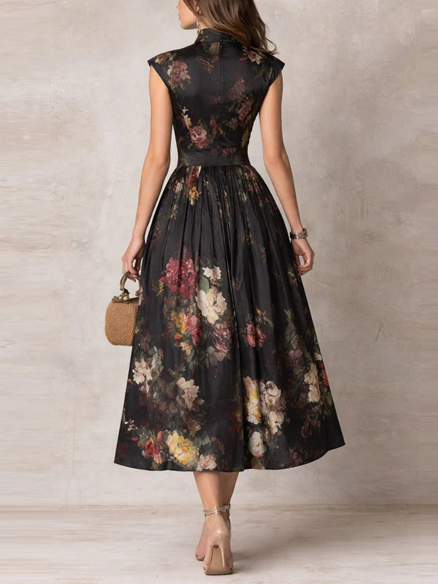 Chinese Collar Chinese Knot Hollow Sleeveless Black Midi Dresses