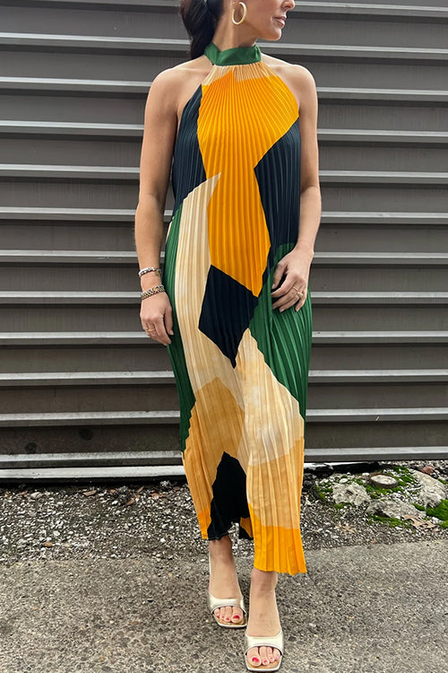 Halter Backless Color Block Printed Maxi Pleated Dress
