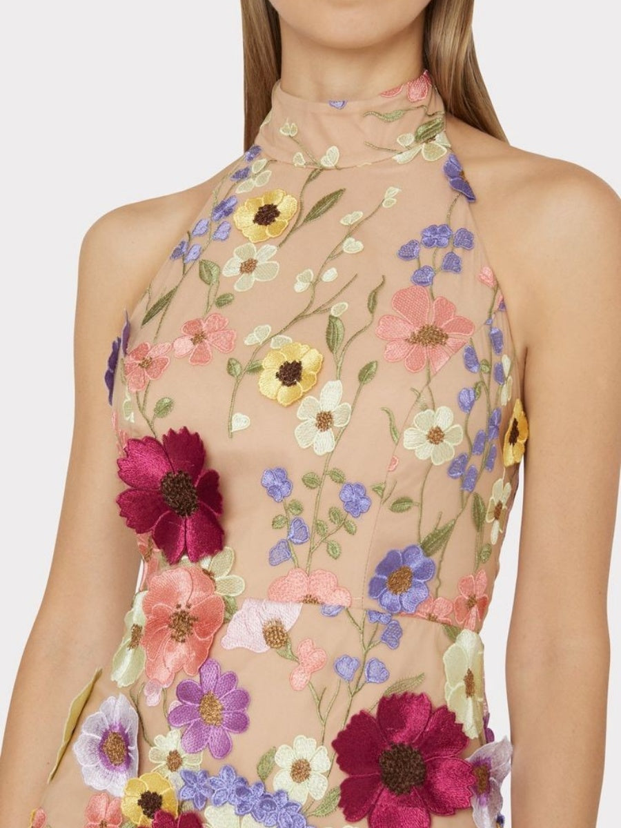 Embroidered 3D Floral Halter Neck Slimming Mini&Short Dresses