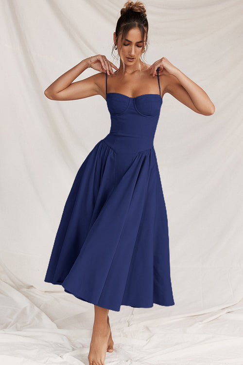 Spaghetti Strap Corset Bodice Box Pleat A-Line Midi Dress