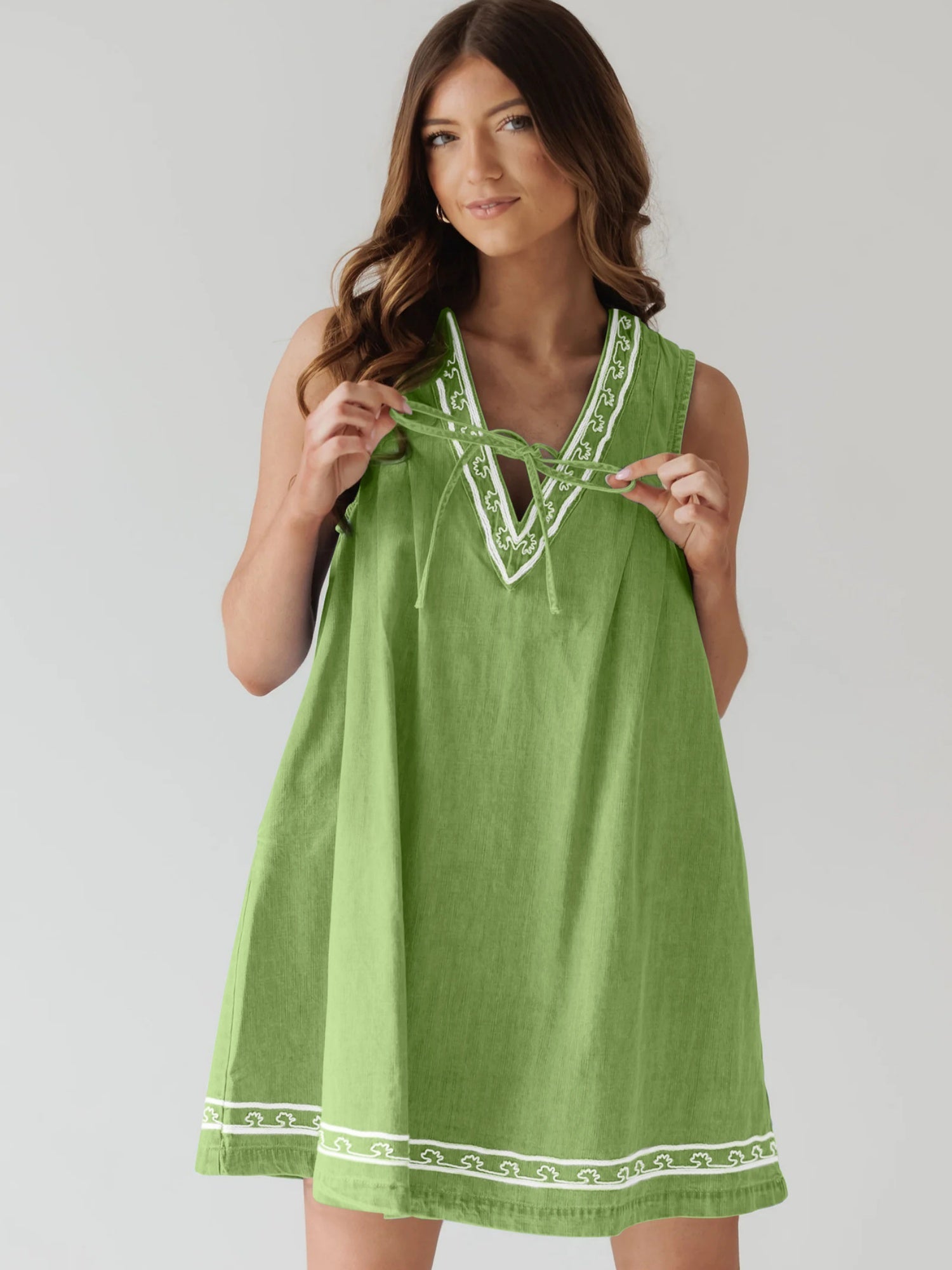 Denim Embroidery Openwork Tie V-neck Sleeveless Mini&Short Dresses