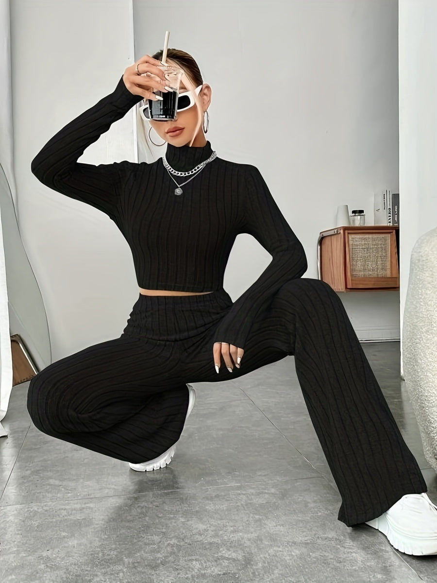 Mock Neck Slim Fit Knitted Two-Piece Set