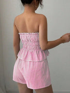 Strapless Striped Ruffled Crop Top And Elastic Waist Shorts Two-piece Set