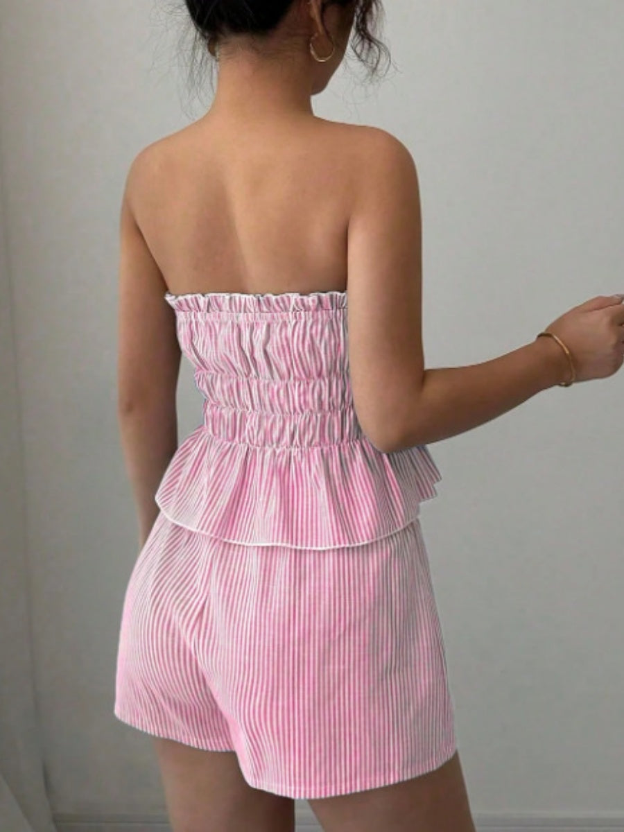 Strapless Striped Ruffled Crop Top And Elastic Waist Shorts Two-piece Set