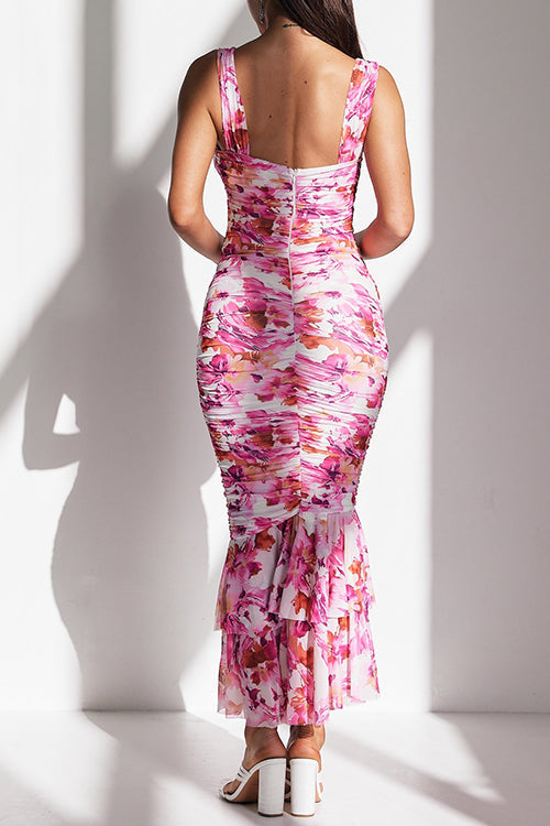 Cut Out Mesh Overlay Floral Print Ruffle Midi Cami Dress