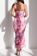 Cut Out Mesh Overlay Floral Print Ruffle Midi Cami Dress