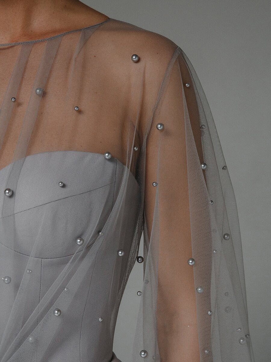 Pearl Mesh-paneled Sleeves Tube Top Maxi Dresses