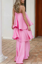 Adjustable Strap Ruffle Layered Satin Maxi Dress