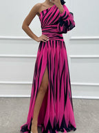Color-blocked Printed Sloping Shoulders Slit Formal Dress Maxi Dresses