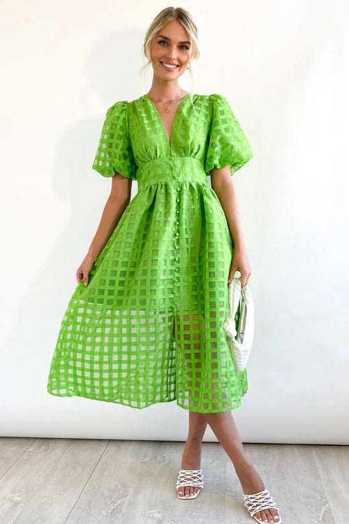 Puff Sleeve Sheer Grid Check Empire Waist Button Front Midi Dress