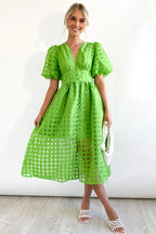 Puff Sleeve Sheer Grid Check Empire Waist Button Front Midi Dress