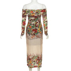 Mesh flower print contrast zip-up off shoulder long sleeve ruched midi dress