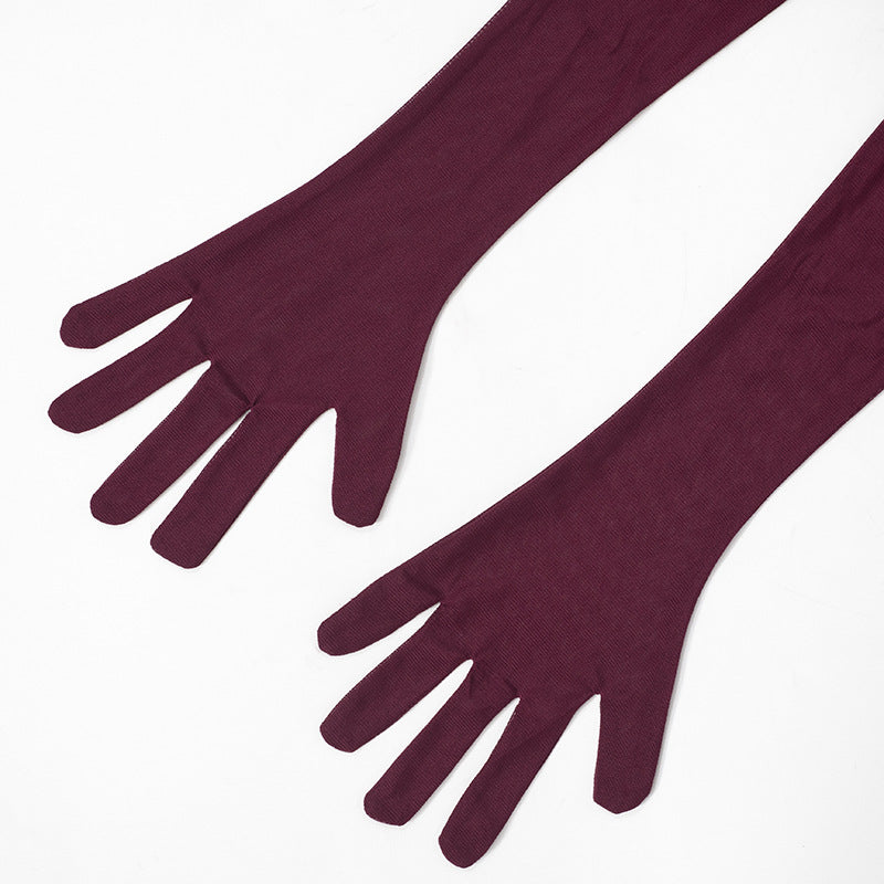 Strapless Ruched Waist Bodycon Maxi Dress Mesh Gloves Scarf Set