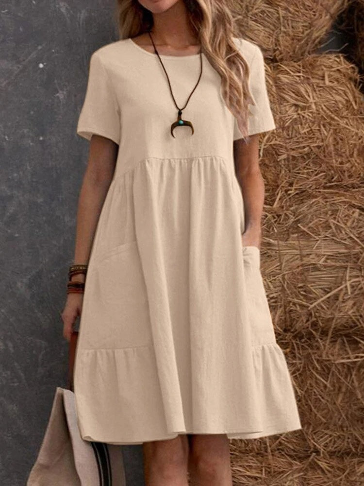 Retro Loose-fitting Pocket Solid Color Round Neck Cotton Linen Short Dress