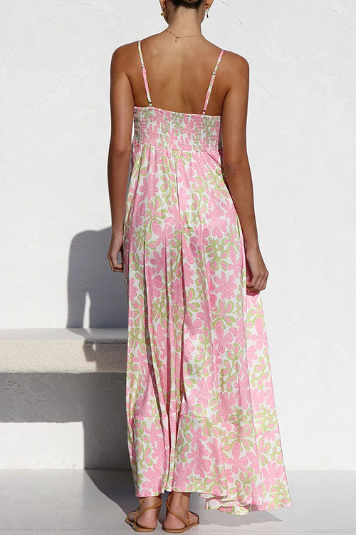 Spaghetti Strap Empire Waist Floral Print Swing Maxi Dress