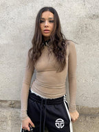Nude Rhinestone See-through Tight-fitting Long-sleeved Top