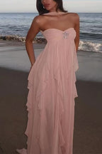 Sleeveless Open Back Ruffle Trim Slit Maxi Dress