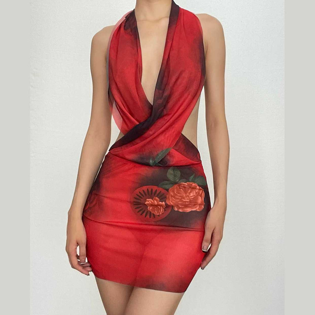 Sheer mesh see through cross front low cut halter backless mini dress