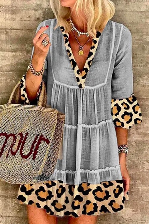V Neck Leopard Splice Swing Dress
