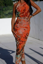 Halter Backless Cut Out Mesh Overlay Tie Dye Bodycon Midi Dress